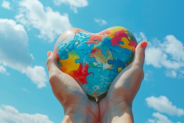 Autistic kid hands with multicolored puzzle heart supported by mother hands over blue sky background. World autism awareness day