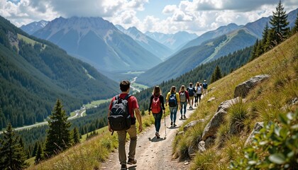 Fototapeta premium Group of hikers trekking along a scenic mountain trail on a sunny day