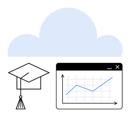 Graduation cap with tassel, upward-trending graph, and cloud element. Ideal for education, data analysis, technology, cloud storage, career growth e-learning innovation. Flat simple metaphor