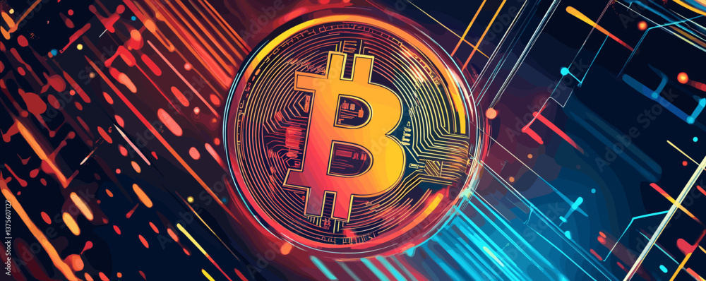 Poster futuristic bitcoin circuit design with dynamic light effects - vector.