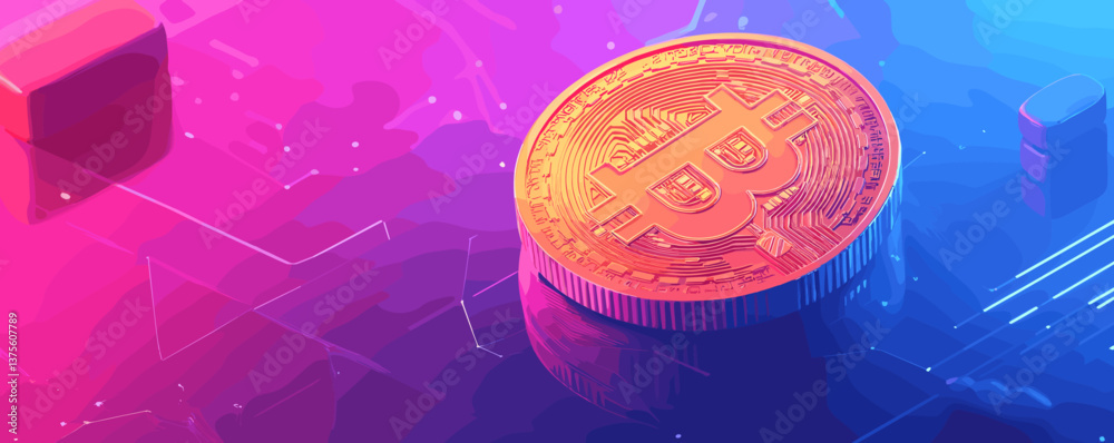 Poster bitcoin cryptocurrency coin on gradient background with tech elements, digital art vector.