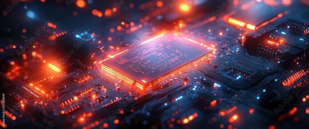 Poster Futuristic Microchip Design Abstract Technology Background with Printed Circuit Board and Data Execution in Cyberpunk Style
