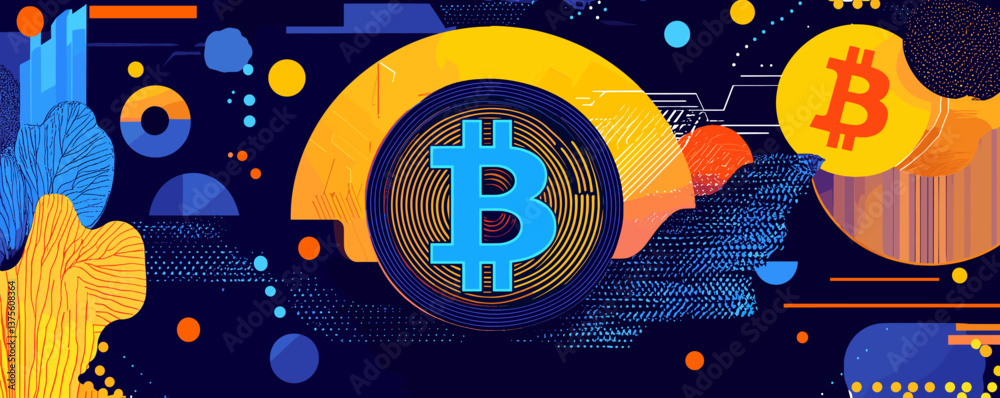 Poster colorful abstract bitcoin symbol with digital patterns on dark background vector.