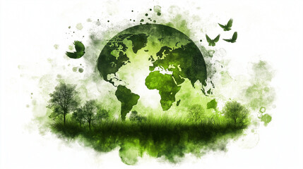 Green Earth Globe with Grass and Nature Elements, symbolizes nature's eco concept,