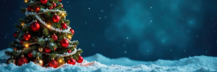 Christmas tree with ornaments and garlands against a dark blue winter background , evergreen, decorations