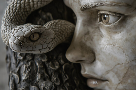 Old Biblical story: the temptation of Eve, the first fall of mankind. Close up marble statue.