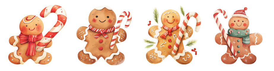 Naklejka premium Adorable Watercolor Gingerbread Men with Candy Canes Festive Christmas Treats Holiday Baking Illustration