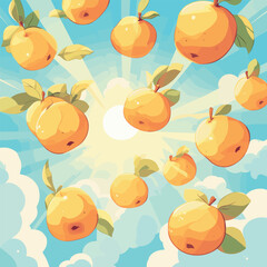 Surreal floating apples in sunny sky with clouds and radiant sunlight