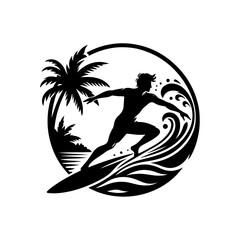 Silhouettes of a surfer, man, and woman with surfboards on a tropical beach at sunset with palm trees, waves, and the ocean in the background