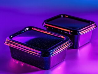 Elegant Black and Purple Metallic Food Containers with Reflective Surface Set Against a Vibrant Gradient Background