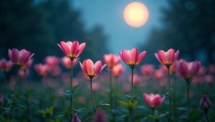 Obraz premium Field of pink flowers blooming under a soft sun in the early morning light