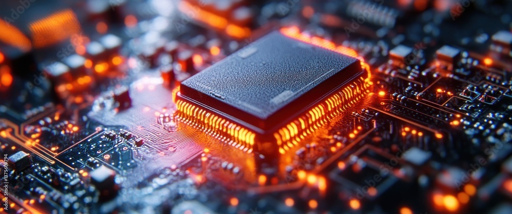 Fototapete futuristic microchip circuit board with glowing neon lights depicting data processing and cyberpunk 