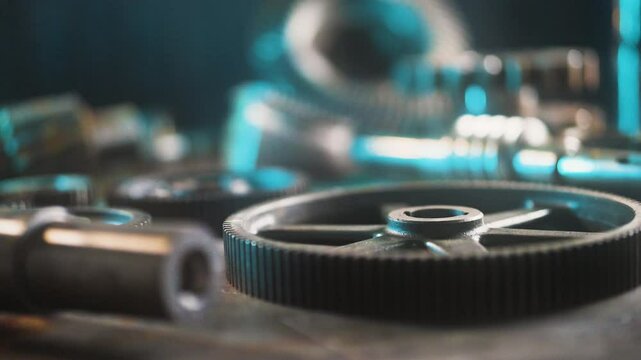 Grungy industrial machine parts. Scrolling camera. Gears, wheels and other. Slog3 to rec709 4k high bitrate apple prores