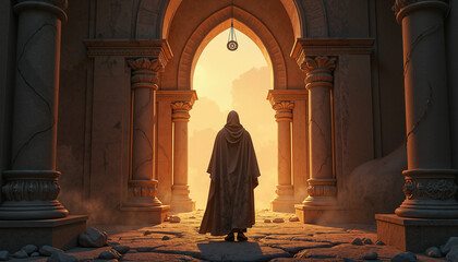 Mysterious figure in hooded cloak standing before ancient archway at sunset
