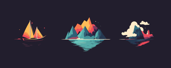 Obraz premium Colorful nautical landscape: sailboat, mountains, and sea scene - vector.