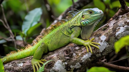 Bright green iguana sunbathing 