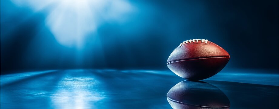 Football Under the Spotlight: A photorealistic image of a football, isolated against a backdrop of a blurred gradient of the color blue, symbolizes the focus and dynamism of sports and game.