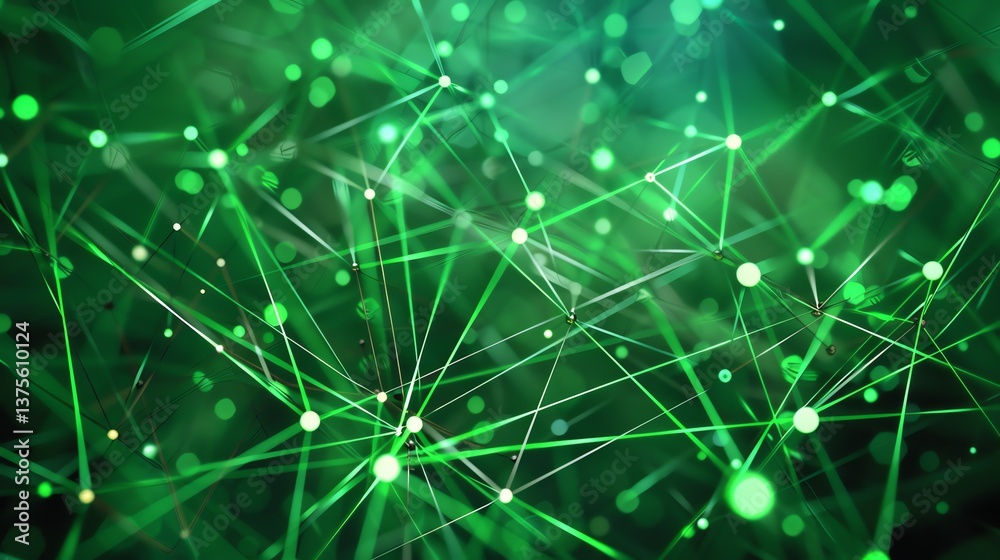Poster elegant green background with plexus structure. 3d render of glowing plexus structure with bokeh lig