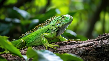 Bright green iguana sunbathing 