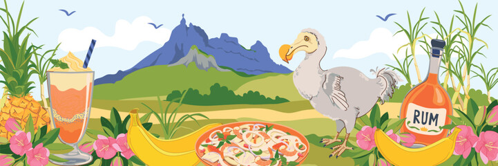 Mauritius landscape and famous landmarks of the island in flat style. Vector sugar cane, Mount Peter, endemic extinct bird Dodo, Mauritius flowers trochetia boutoniana, pineapple, falooda cocktail. © Tata Pilip