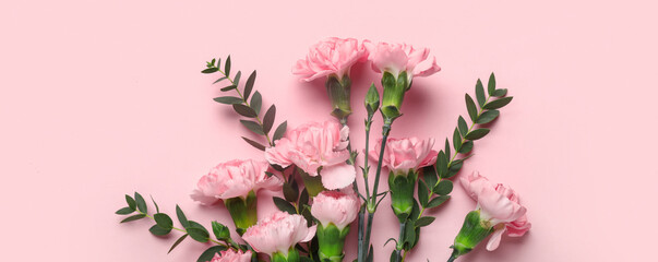 Beautiful flowers on pink background, top view