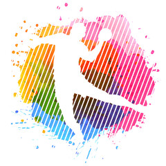 Transparent silhouette of a handball player in a colorful color splash, handball player rainbow colored icon