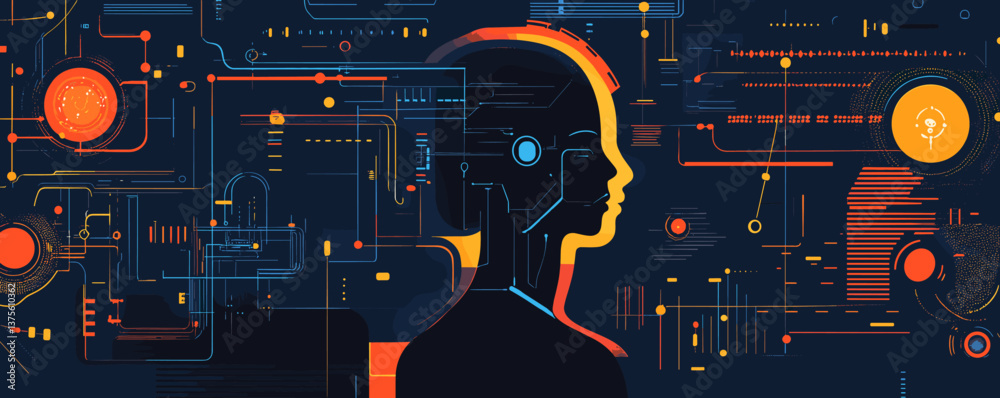 Poster futuristic ai profile with circuit design and abstract tech elements - vector.