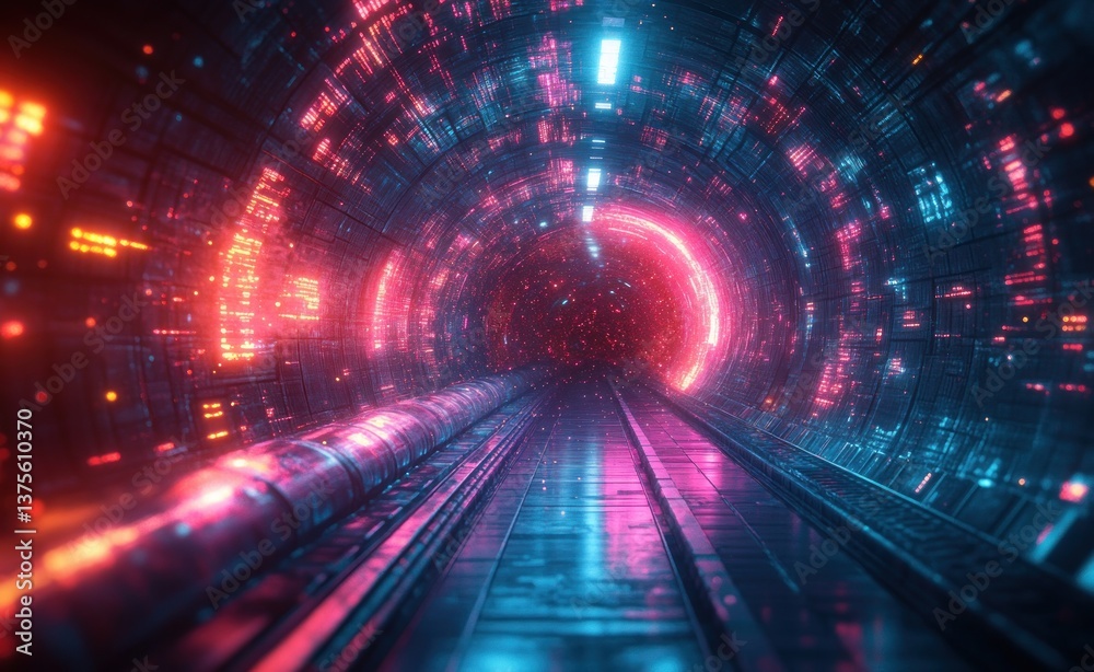 Aufkleber Futuristic Cyberpunk Tunnel with Neon Lighting and Abstract Geometric Shapes in Quantum Cyberspace