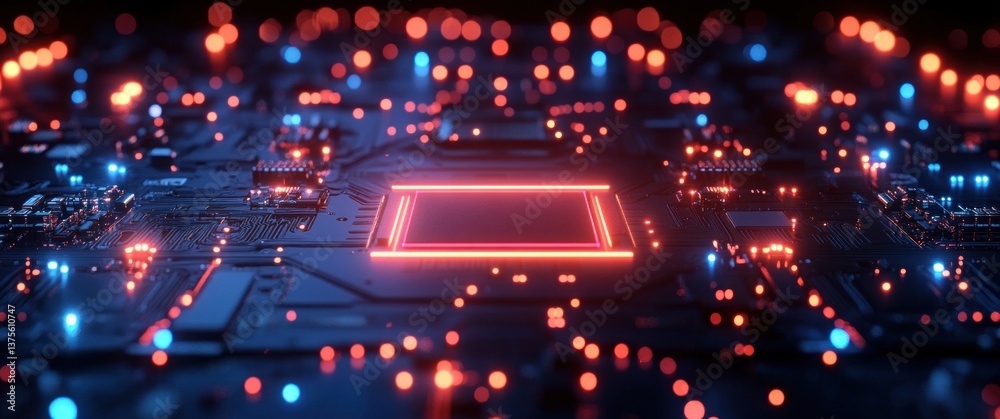 Poster futuristic circuit board server design with cyberpunk elements in red and blue lighting