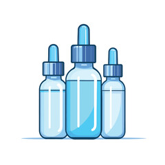 Three blue dropper bottles with liquid on white background