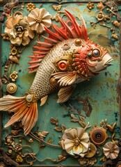 Fototapeta premium Decorative Fish Artwork with Flowers and Intricate Design Elements