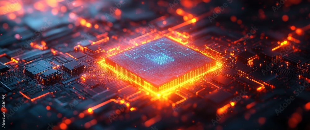 Poster Futuristic Microchip Design in Cyberpunk Art Style with Glowing Lights and Sleek Textures