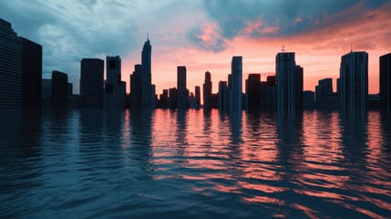 Fototapeta premium A dramatic city skyline submerged in water at sunset, showcasing reflections and a moody atmosphere.