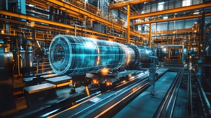 A futuristic looking object is being manufactured in a factory. The object is a large, metallic cylinder with a blue and green design. The factory is filled with machinery and workers