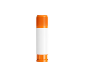 Close-up of a glue stick with a white body and orange cap. 3d illustration