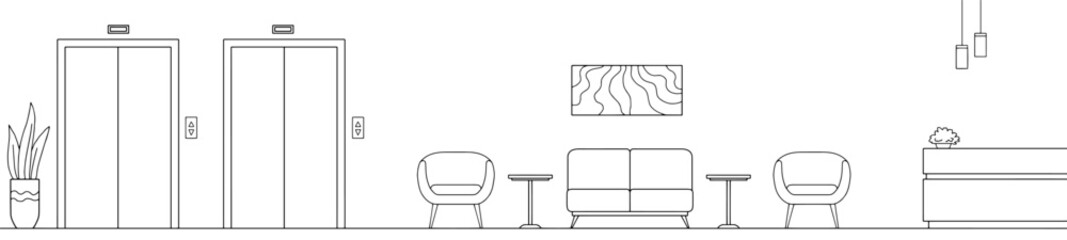 Hotel lobby reception interior graphic black white sketch long illustration vector  © aluna1