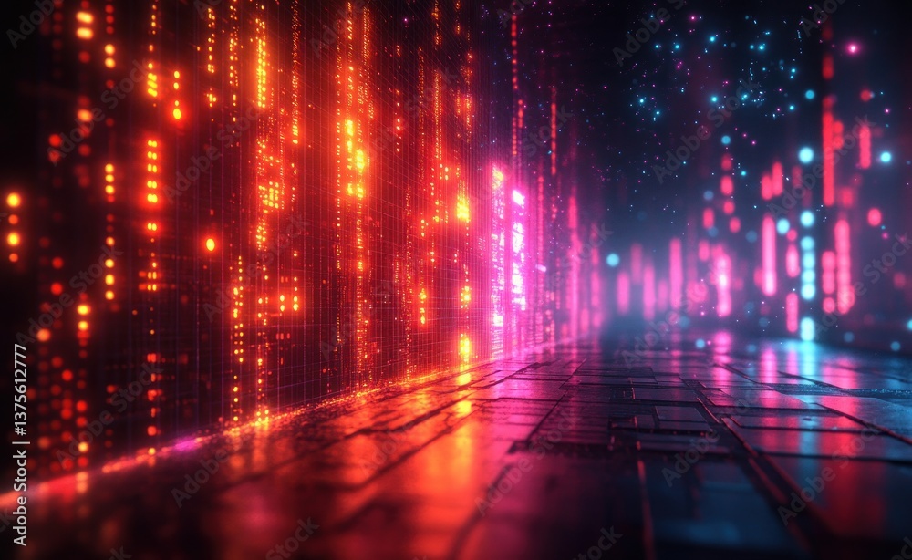 Aufkleber Futuristic Quantum Cybernetics High-Tech Digital Grid with Neon Lights and Geometric Patterns