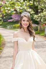 A beautiful bride in a stunning gown and sparkling tiara walks gracefully along a flowerfilled path