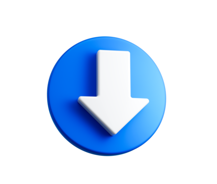3D White downward arrow on blue icon, symbolizing download or downward direction, 3d illustration
