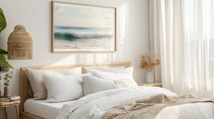 Bedroom with a thin wooden frame showcasing an ocean-inspired art print, adding peaceful vibes to the modern setting.
