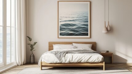 Bedroom with a thin wooden frame showcasing an ocean-inspired art print, adding peaceful vibes to the modern setting.