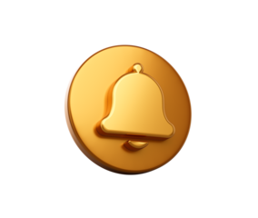 3D Golden bell button icon for notifications and updates. 3d illustration