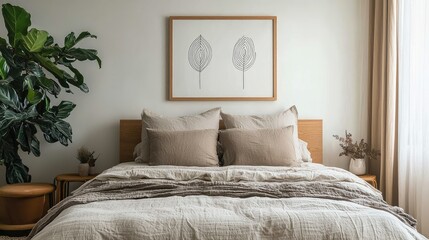 Bedroom with a wooden frame displaying a simple black-and-white line drawing above a neutral-colored bedspread.
