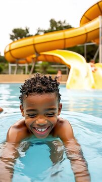 Funny boy laughing in a pool