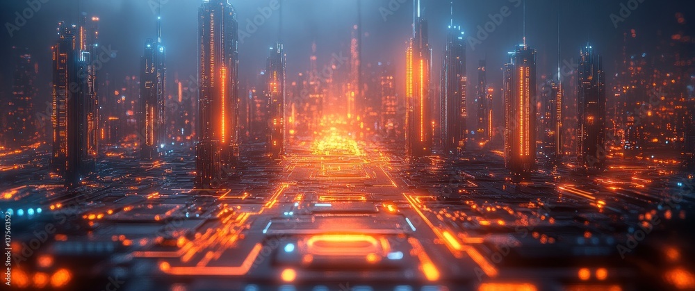 Fototapete Futuristic Microchip Design in Cyberpunk Style with Printed Circuit Board Elements and High-Tech Aesthetic