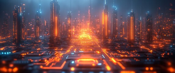 Fototapeta premium Futuristic Microchip Design in Cyberpunk Style with Printed Circuit Board Elements and High-Tech Aesthetic