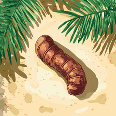 Tropical beach sand with sea cucumber and palm leaves at sunset