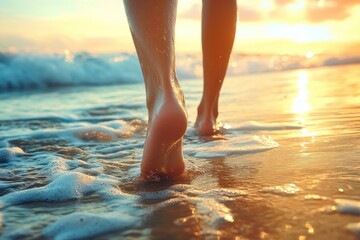 Closeup of Bare Feet Walking on a Beach at Sunset with Shimmering Water and Lens Flare
