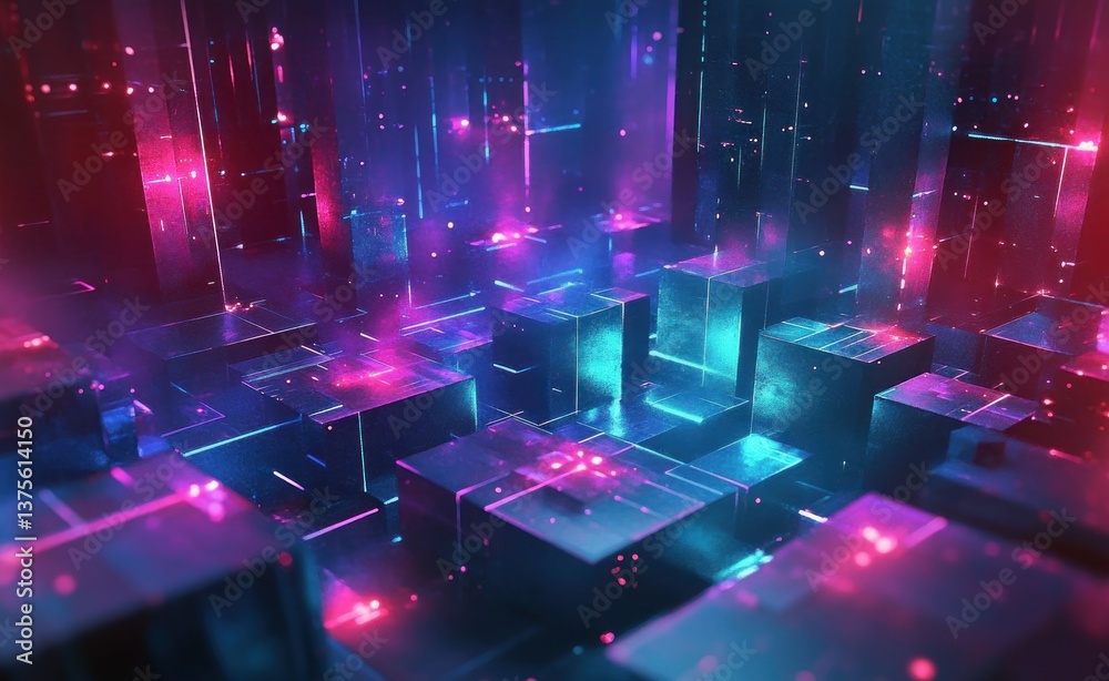 Poster futuristic cyberpunk stage in a neon geometric cave with abstract digital structures