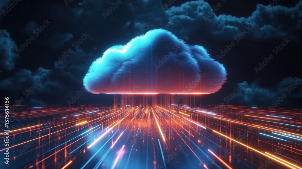 Aufkleber futuristic digital cloud emitting data streams in cyberpunk style with neon colors and dramatic ligh